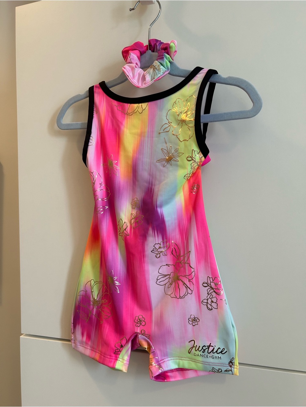 Justice Pink Multi Rainbow Floral Dance Leotard with Matching Scrunchie - XS